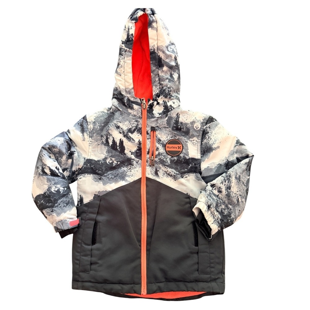Hurley Puffer Jacket Kids XS 5/6 Gray Mountain Print Hooded Winter Coat Logo - Picture 1 of 10
